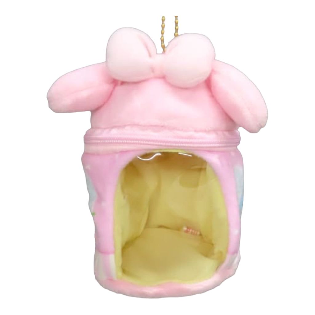 Pink My Melody plush jar charm with zipper and hanging gold chain, empty inside view