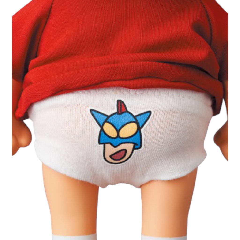 Detailed view of Shin-Chan action figure's white underwear with a blue superhero mask logo.