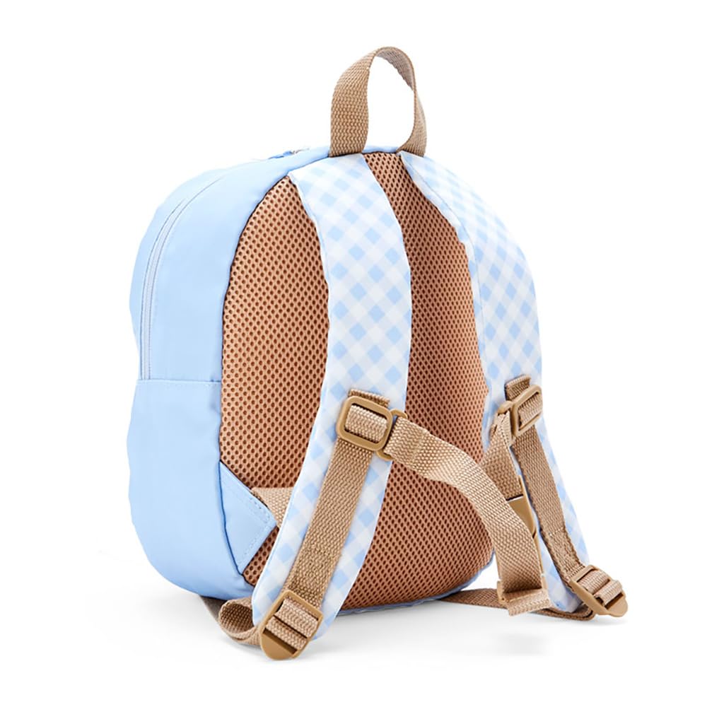 The back view of Blue Cinnamoroll plush backpack featuring a detachable 15cm Cinnamoroll plush toy