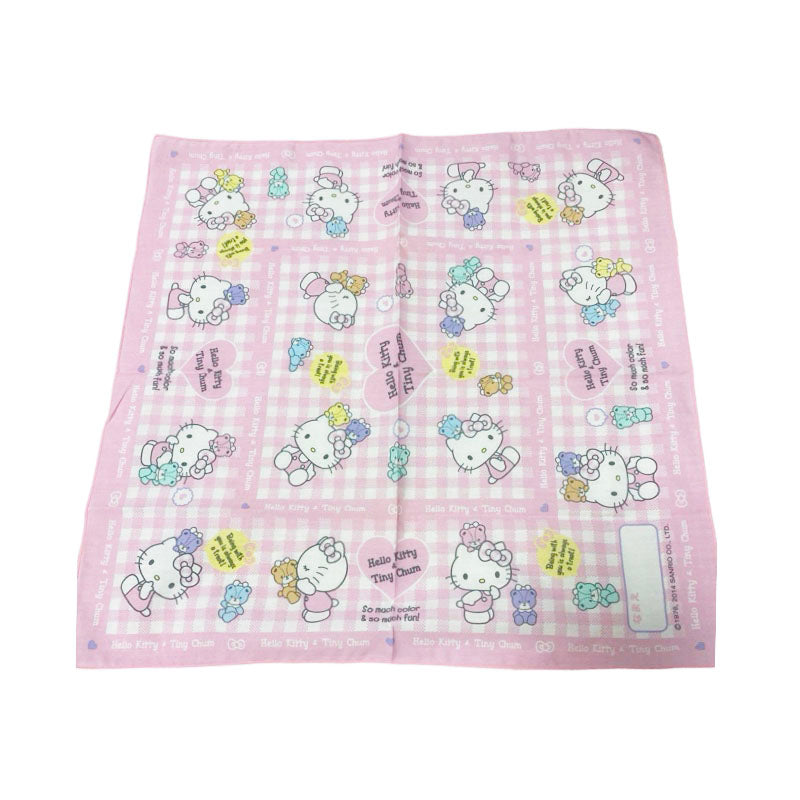 Front view of a Sanrio Hello Kitty lunch wrapping cloth in pink gingham with Hello Kitty and Tiny Chum, ideal for wrapping bentos or small items. Size: 43x43cm