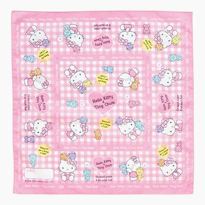 Front view of a Sanrio Hello Kitty lunch wrapping cloth in pink gingham with Hello Kitty and Tiny Chum, ideal for wrapping bentos or small items. Size: 43x43cm.