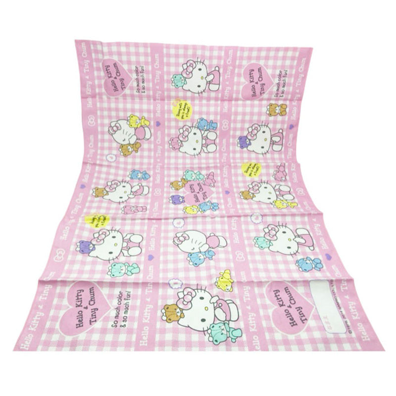 Front view of a Sanrio Hello Kitty school lunch table cloth in pink gingham with Hello Kitty and Tiny Chum, ideal for school desks. Size: 40x60cm