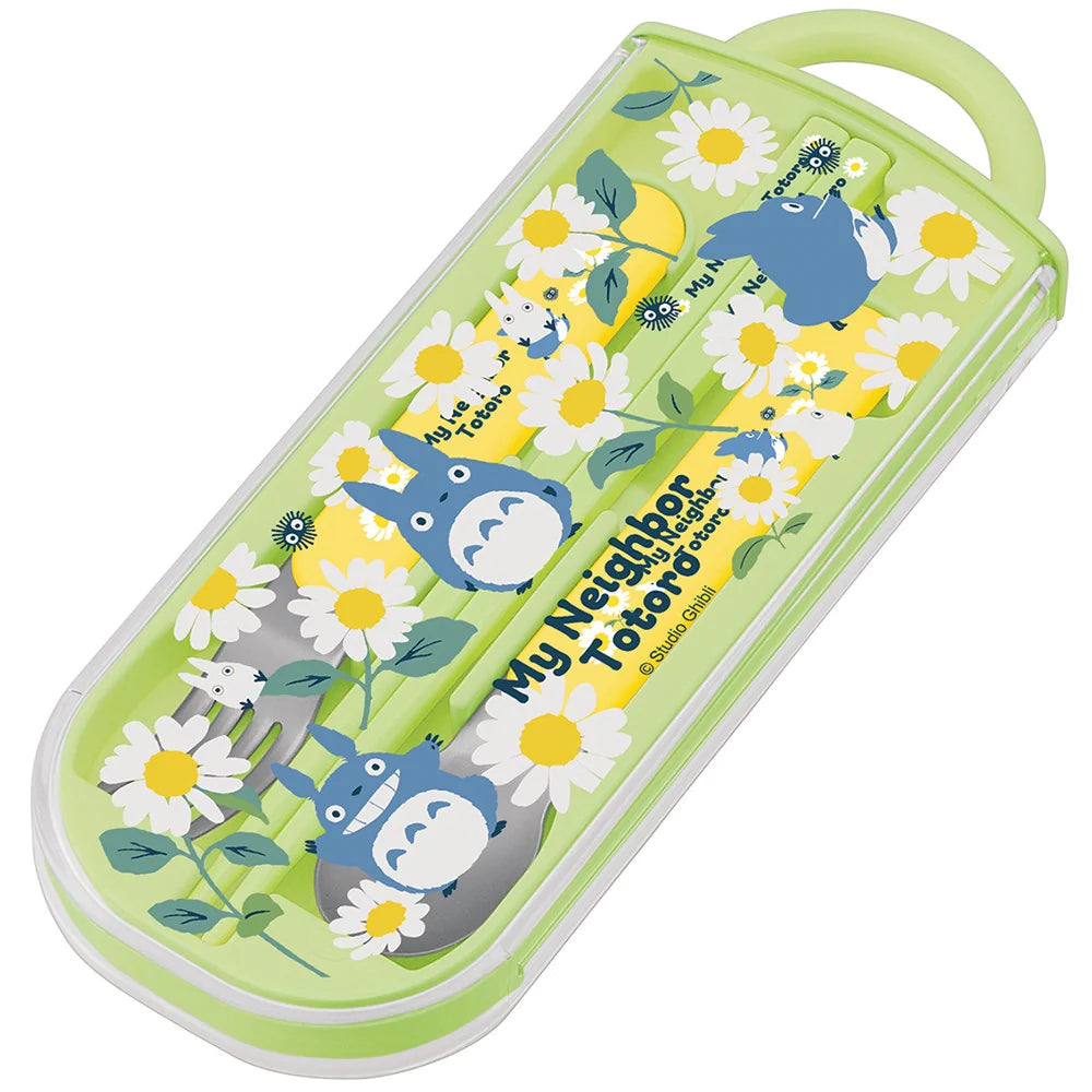 Green cutlery case featuring Totoro designs, daisies, and the text 'My Neighbor Totoro © Studio Ghibli