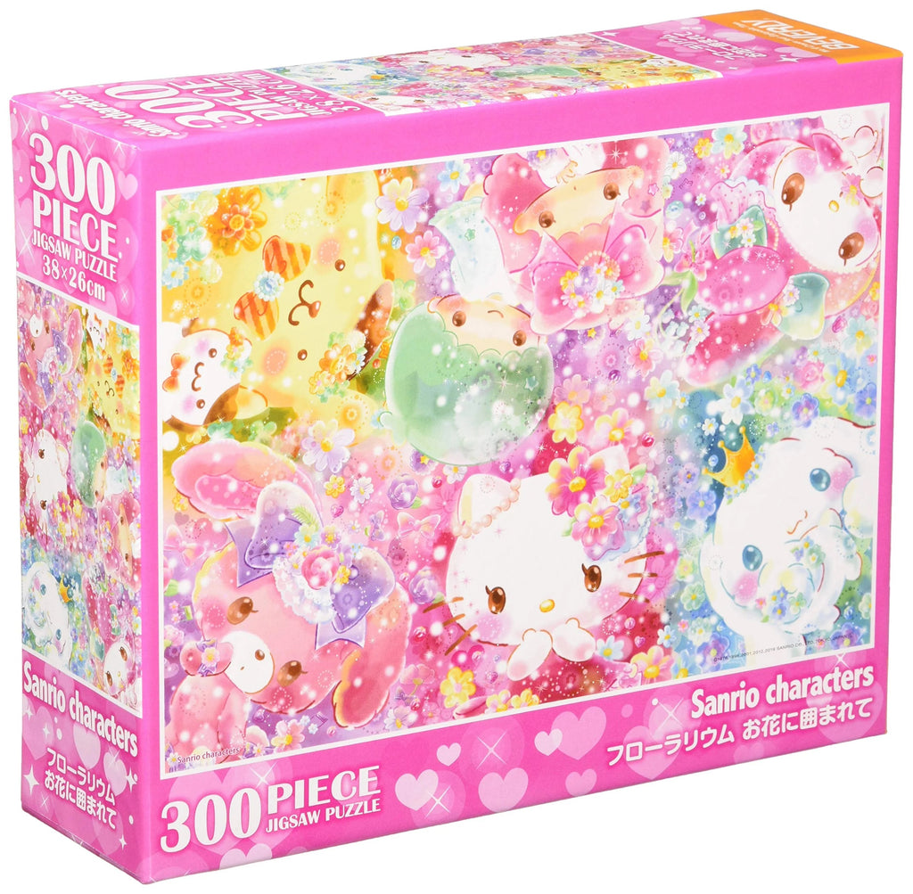 Box of the Sanrio Family Surrounded By Flower 300-piece jigsaw puzzle, featuring Hello Kitty, My Melody, Cinnamoroll, and other characters surrounded by colorful flowers.