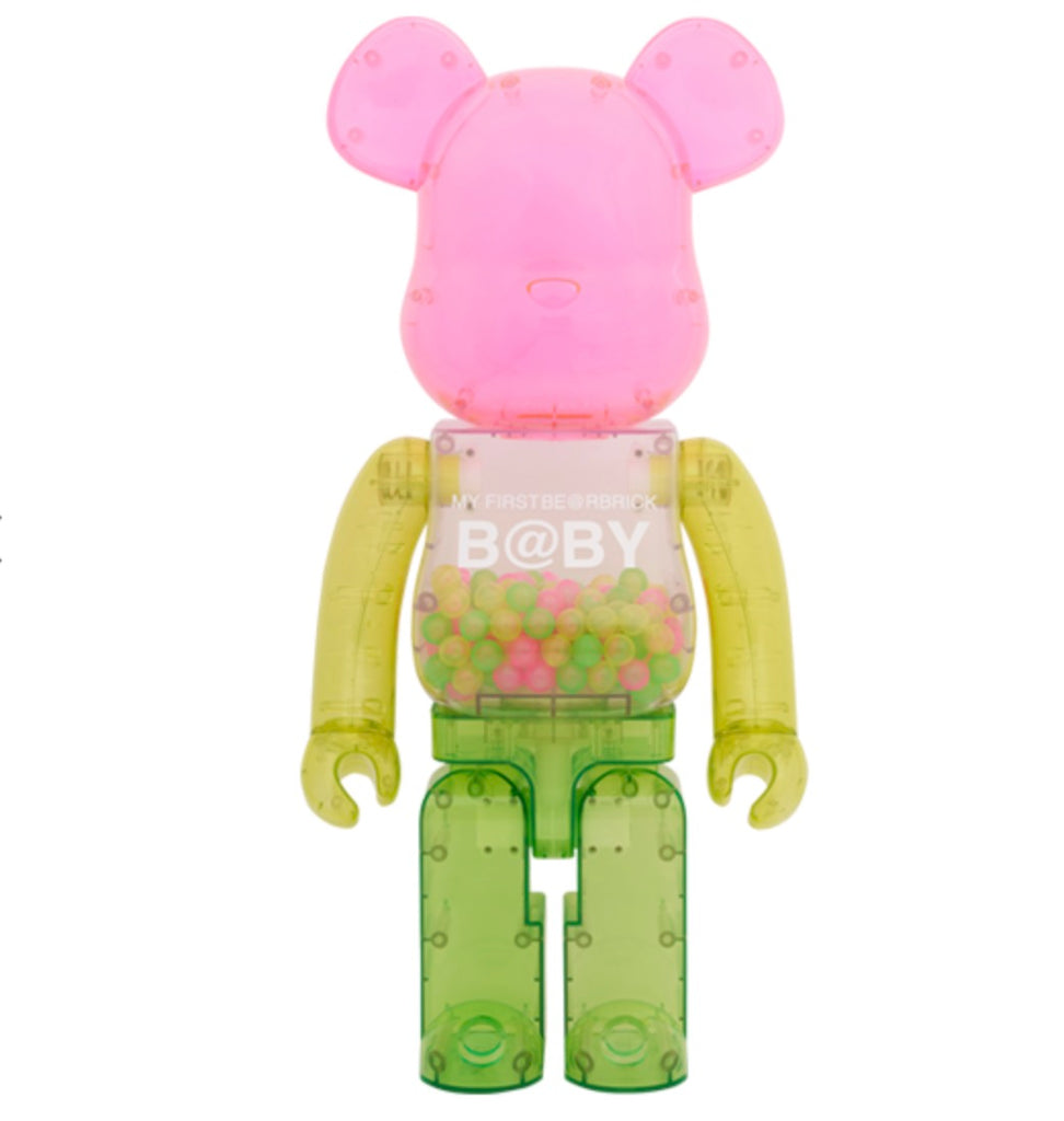 MY FIRST BE@RBRICK 1st Color Clear Ver. 1000％ figure with pink head, green limbs, and colorful beads inside its transparent body.