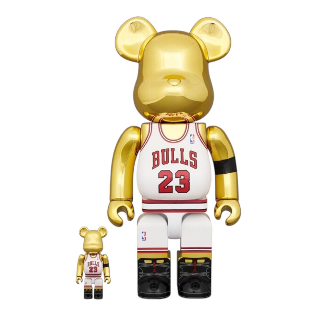 BEARBRICK Michael Jordan gold collectible in 400% and 100% sizes, featuring Bulls #23 jersey.