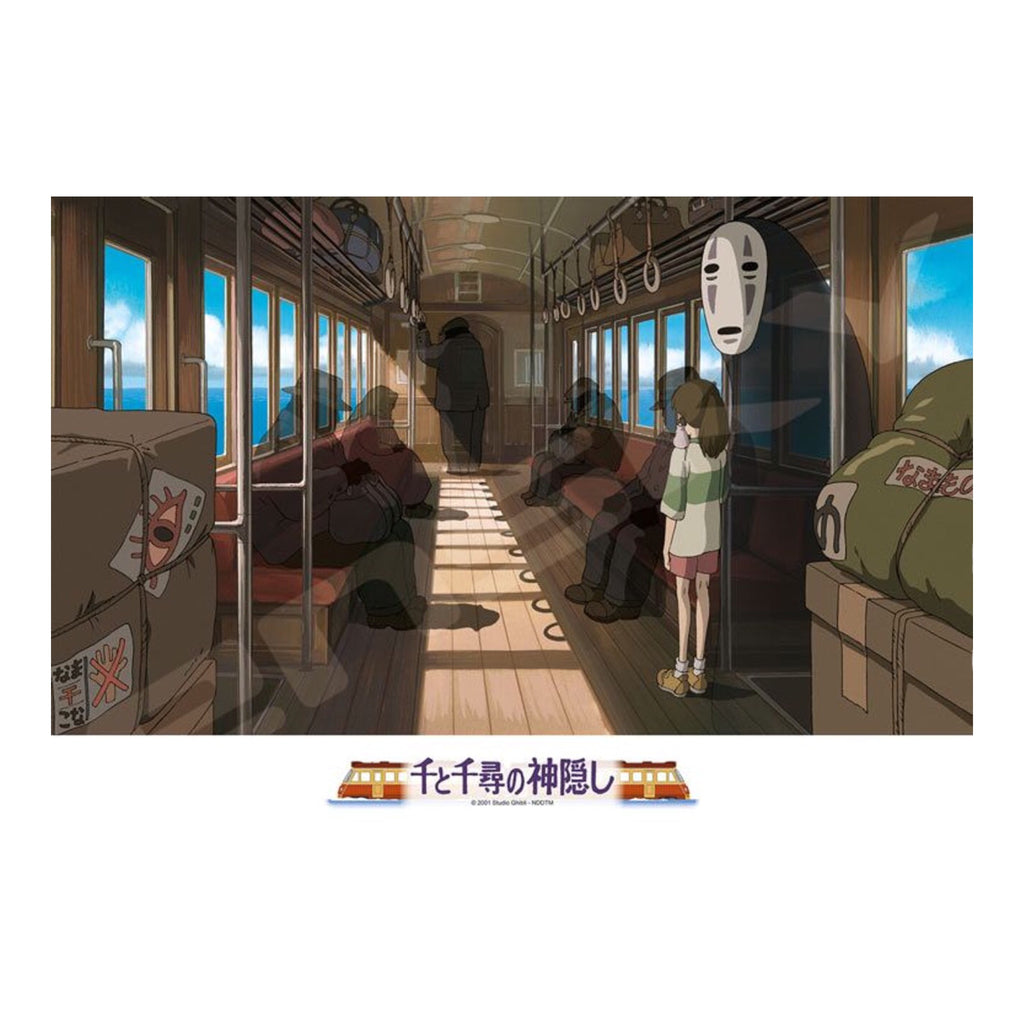 Studio Ghibli's Spirited Away jigsaw puzzle depicting Chihiro's quiet train journey with No-Face, capturing the serene ambiance of their travel to meet Zeniba, in a 300-piece set.