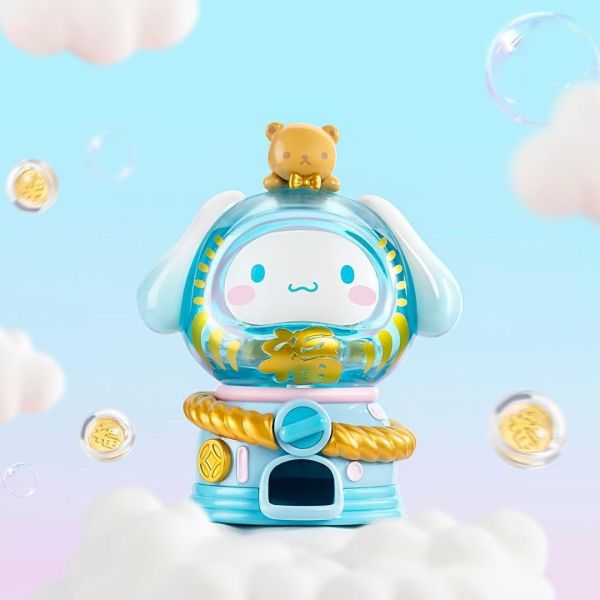 Sanrio Cinnamoroll Dharma doll Gachapon attire with a traditional Japanese aesthetic, holding a gold coin