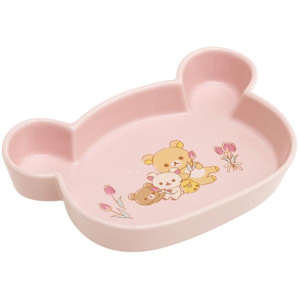 San-X Rilakkuma Die-Cut Plate in pink featuring an adorable Rilakkuma design with tulip flowers, perfect for a cute kitchen setup.