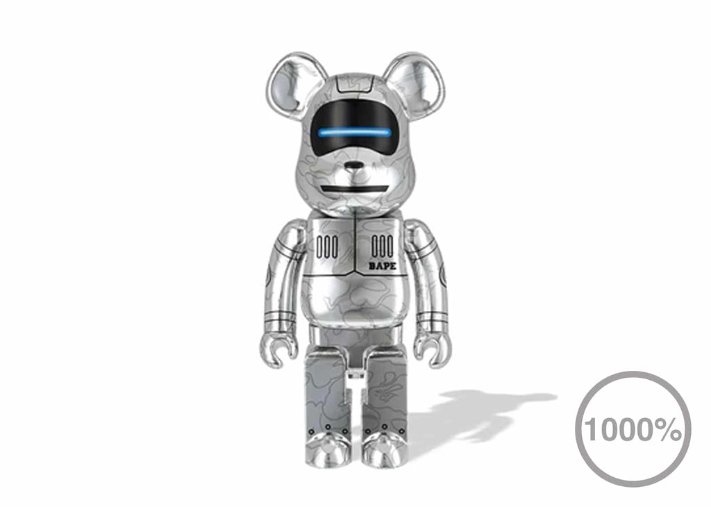 Front view of Bearbrick Sorayama × Baby Milo® Silver 1000% figure featuring sleek metallic design.