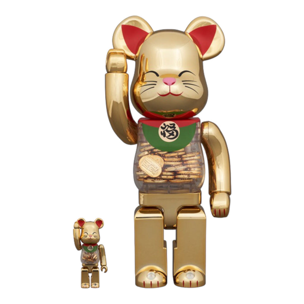 Bearbrick 400% & 100% Maneki-Neko Gold set with the larger figure raising its right paw and a transparent midsection filled with gold coins.