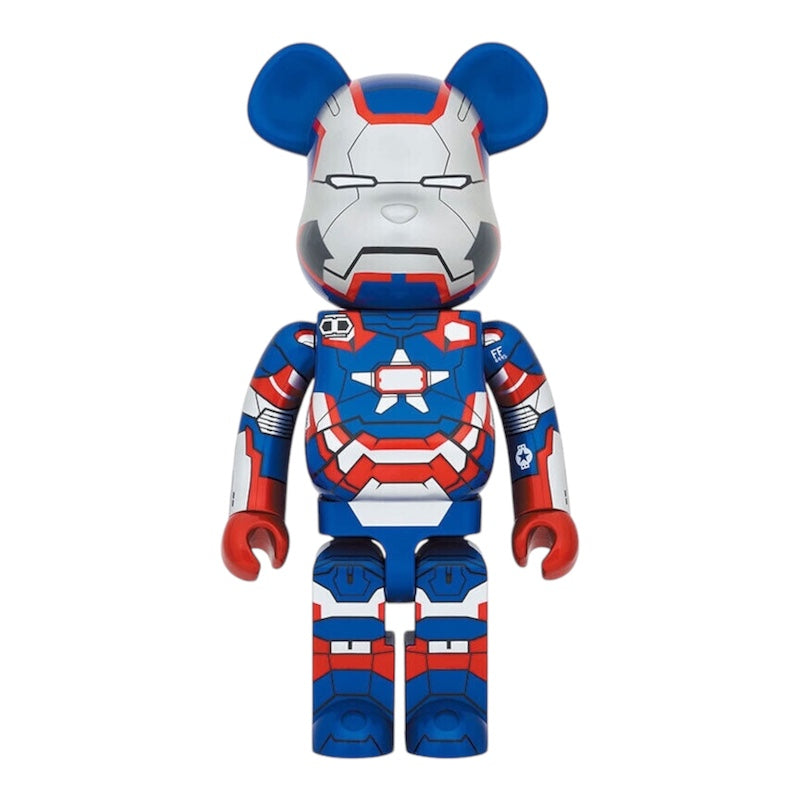 Front view of Bearbrick 1000% Iron Patriot figure in classic blue, red, and silver armour.