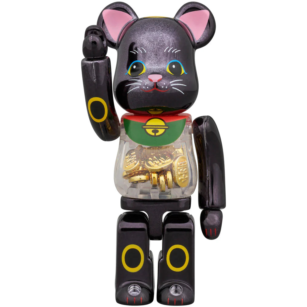 Close-up of Bearbrick Black Lucky Cat showcasing intricate gold coin detailing.