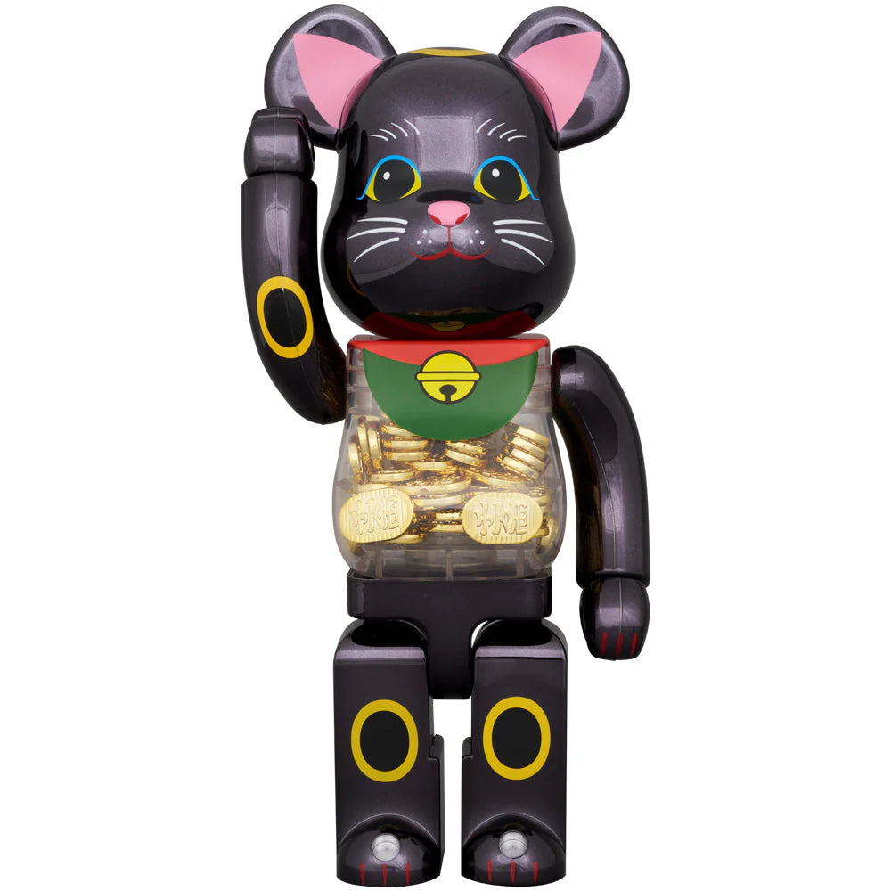 Front view of Bearbrick Black Lucky Cat with glossy black finish and green bell detail.