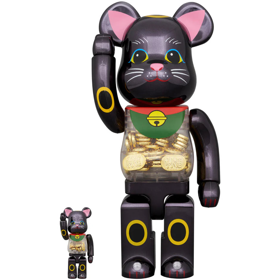 Full view of Bearbrick Black Lucky Cat collectible set in 100% and 400% sizes.