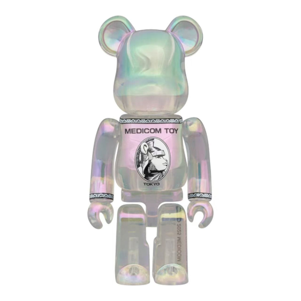Front view of the BE@RBRICK CENTURION Clear Chrome 100% figure alone in center focus.