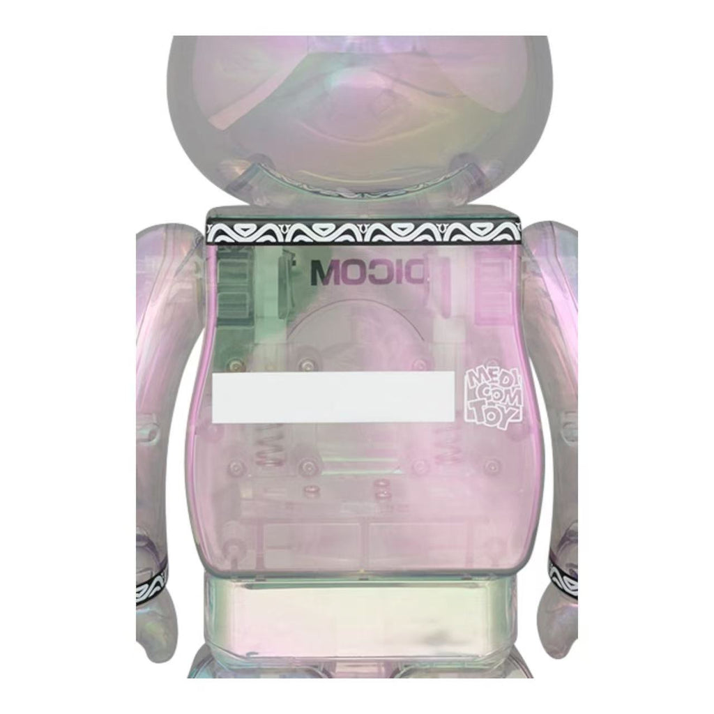 Close-up of the back torso section of the BE@RBRICK CENTURION Clear Chrome figure showing interior components.