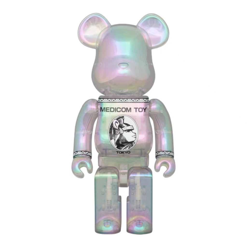 Front view of the BE@RBRICK CENTURION Clear Chrome 400% figure alone in center focus.