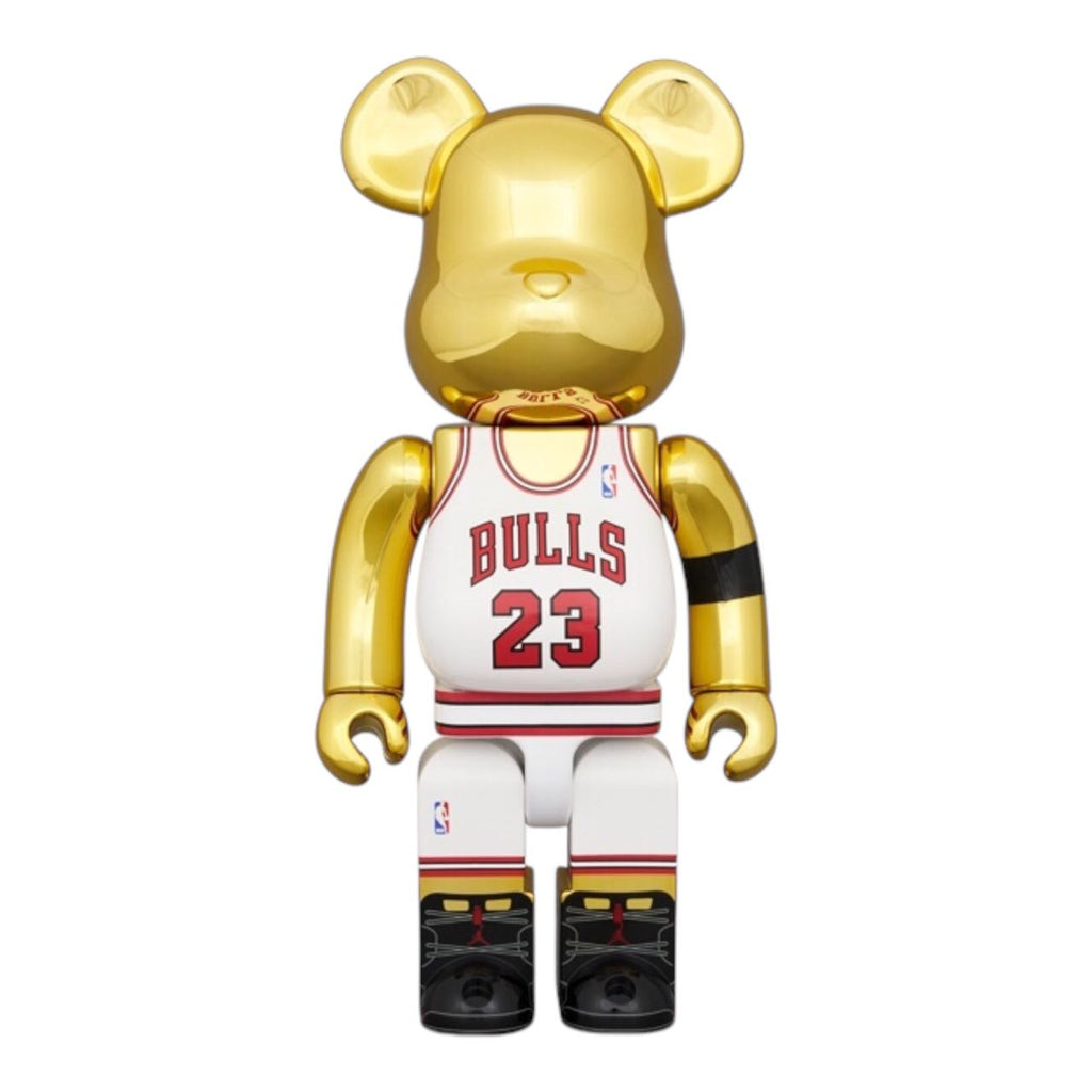 BEARBRICK Michael Jordan Gold Edition front view with Chicago Bulls jersey