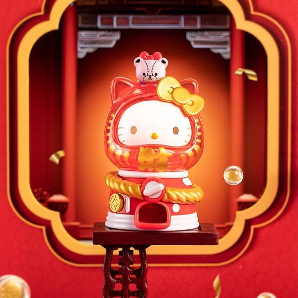 Hello Kitty in red Dharma doll Gachapon attire with a traditional Japanese aesthetic, holding a gold coin