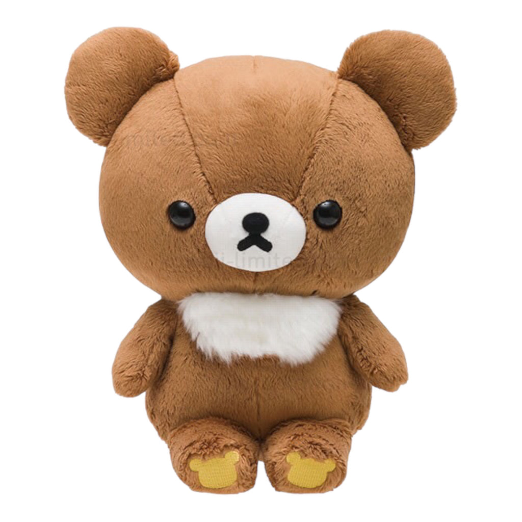 Front view of San-X Chairoikoguma M Size Plushie with soft brown fur and white belly.