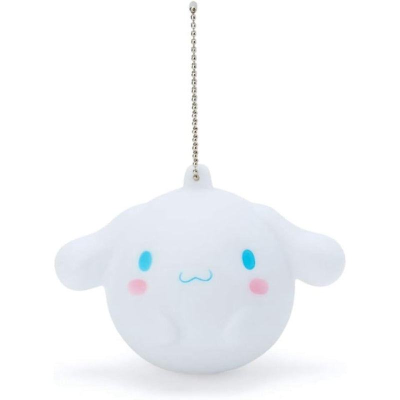 Front view of the Cinnamoroll Big-Face Soft Silicone Keychain that makes a sound when squeezed.