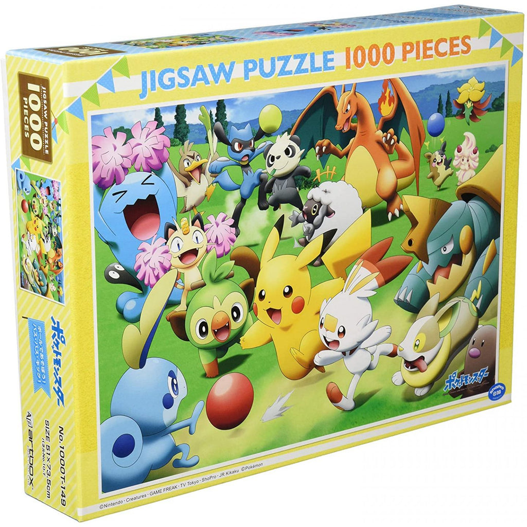 Box of Pokemon 1000-piece puzzle featuring various Pokemon characters playing with Poke Balls titled 'Let's Play with Poke Balls! Pass Pass Kick