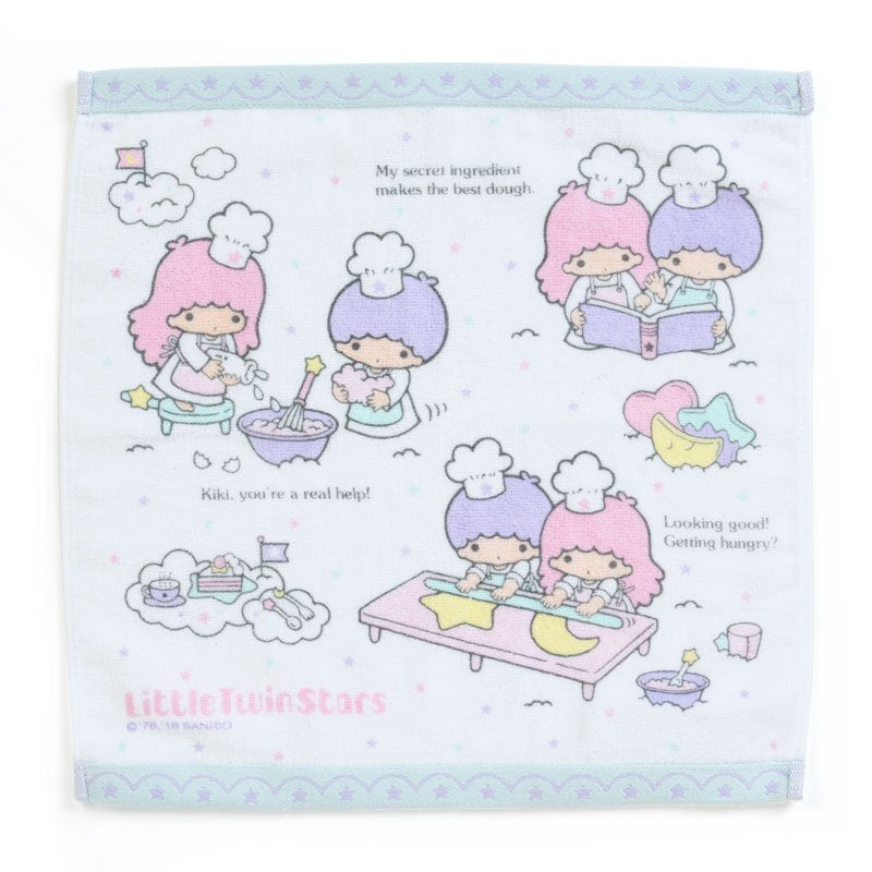 Sanrio Little Twin Stars towel showcasing Kiki and Lala baking pastries in pastel colors.
