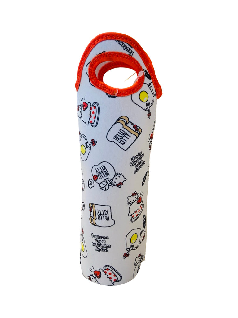 Front view of Hello Kitty water bottle pouch with a handle and food-themed pattern.