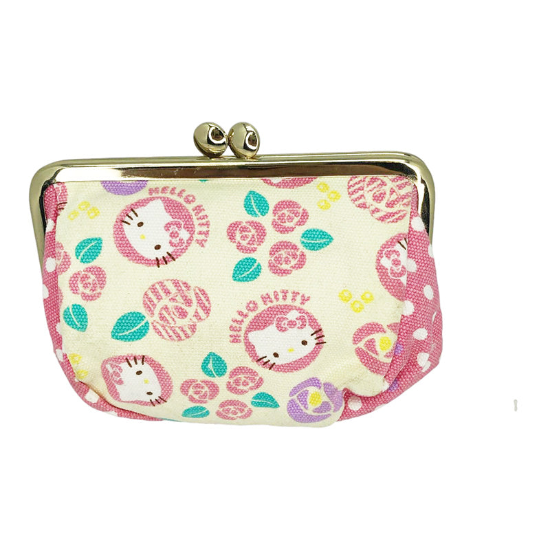 Front view of Hello Kitty Coin Purse with a floral design and metal clasp closure.