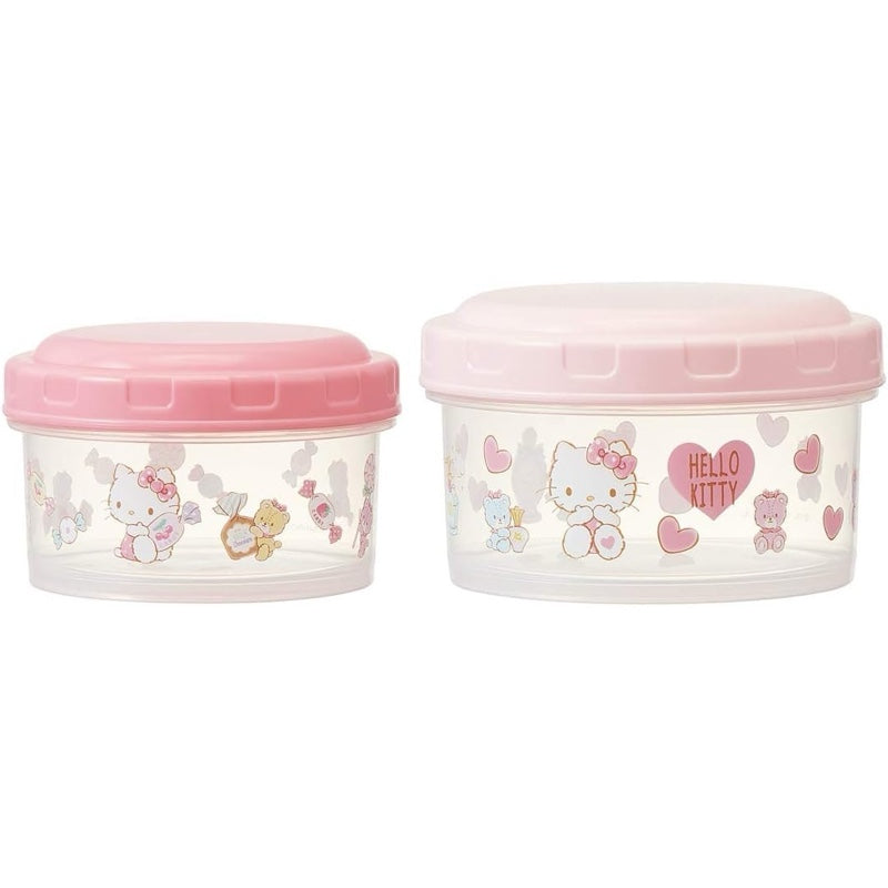 Two Hello Kitty food containers (230ml and 400ml) shown individually with pink dome-style lids and kawaii Sanrio designs.