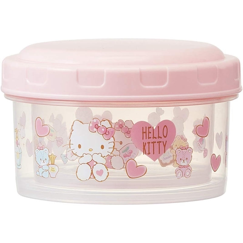 Set of two Hello Kitty food containers stacked together, showcasing compact and stackable storage with adorable heart patterns.
