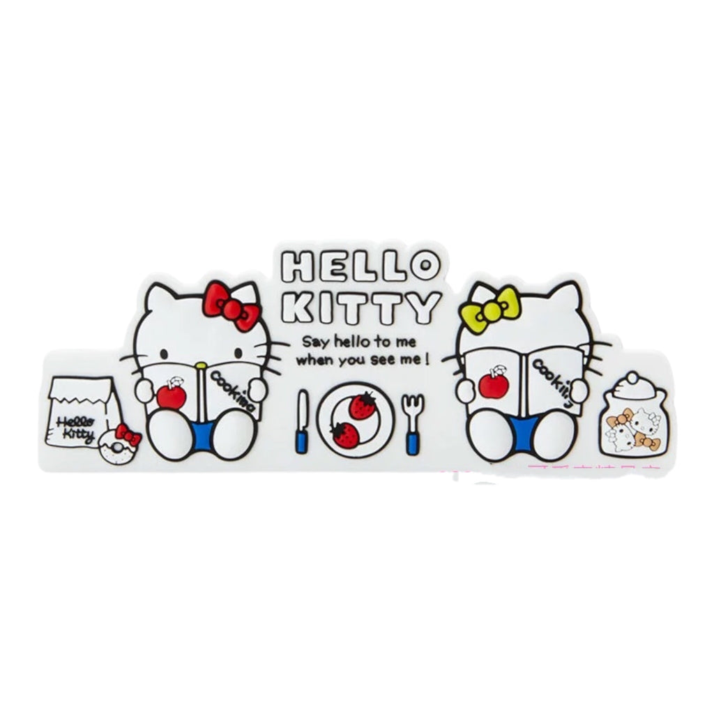 Front view of Hello Kitty Magnet Clip featuring two Hello Kitty characters holding cookbooks, with the text 'Say hello to me when you see me!