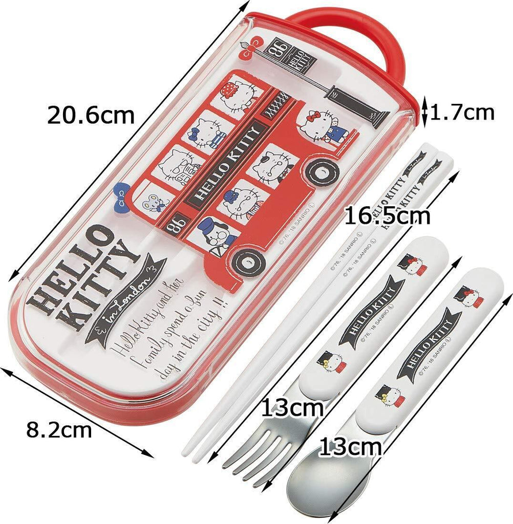 Hello Kitty cutlery set in a London Bus-themed case, featuring fork, spoon, and chopsticks.