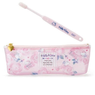 Hello Kitty toothbrush set featuring a soft pink toothbrush with Hello Kitty logo and a floral-designed zipper case with a gold heart zipper pull.