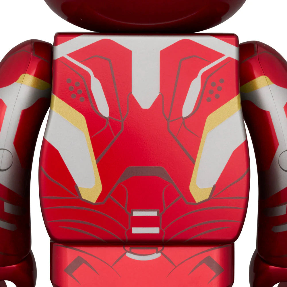 Close-up of Iron Man Mark45 Bearbrick design details showcasing intricate suit features.