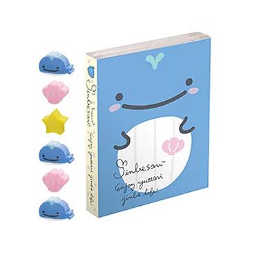 Adorable Jinbesan whale notebook with colorful sticky notes in ocean-inspired shapes