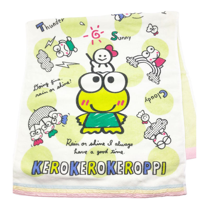 Keroppi Weather-Themed Soft Cotton Towel featuring sunny, cloudy, and rainy illustrations with Keroppi