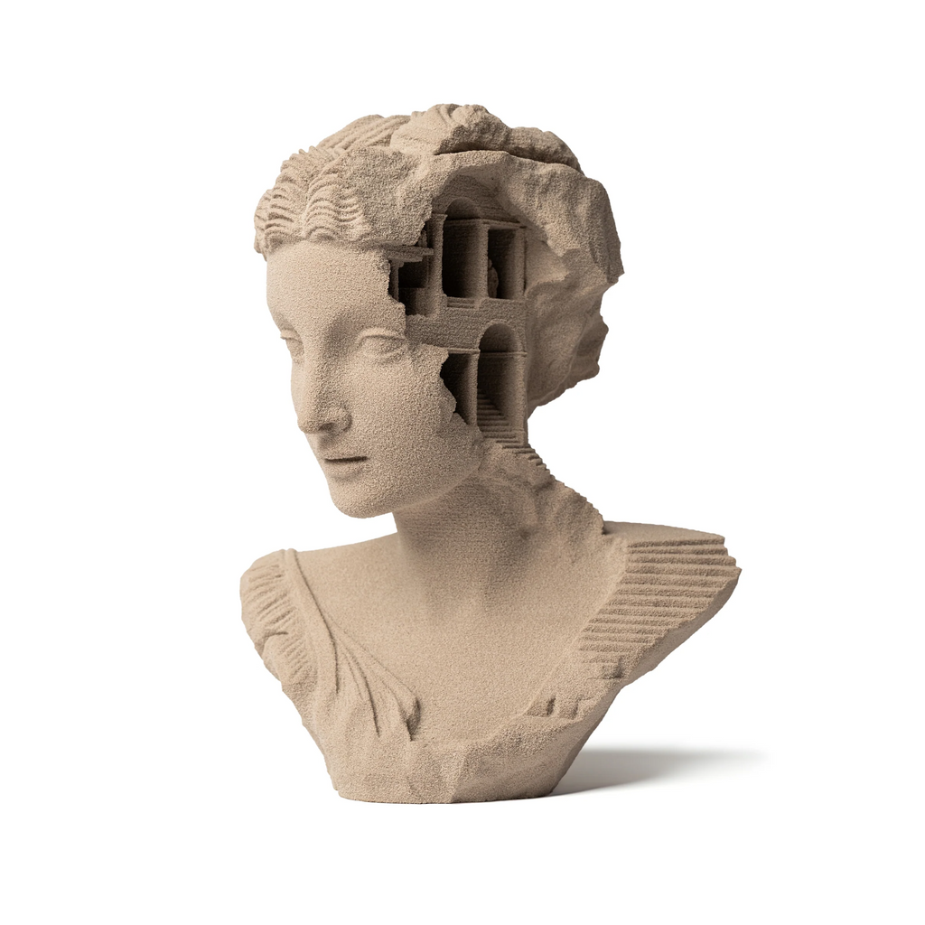 Sand sculpture bust of a classical female figure with internal architectural elements