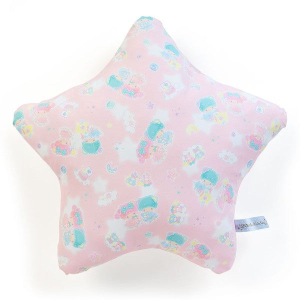 Little Twin Stars star-shaped pink cushion featuring pastel designs of Kiki and Lala, with moon and star motifs.