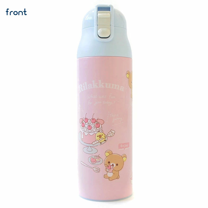 Front view of a pastel pink Rilakkuma thermos with illustrations of Rilakkuma enjoying dessert, perfect for kawaii style enthusiasts.