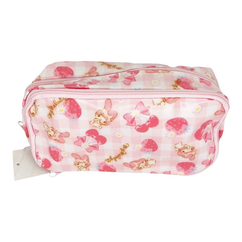 My Melody cosmetic pouch with cherry and bow patterns, zipper closure