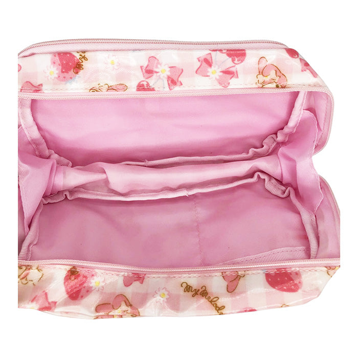 Inside view of My Melody cosmetic pouch, spacious with pink fabric lining