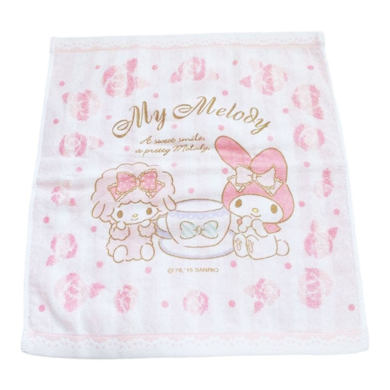 My Melody & Piano Soft Square Towel with pink and white design featuring My Melody and Piano characters