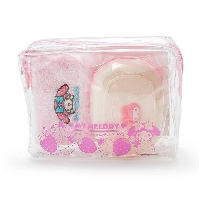 Clear plastic pouch with Sanrio My Melody face washing set inside, featuring a pink soap case and hair band.