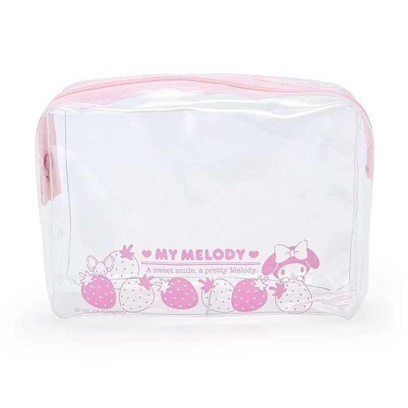 Transparent carrying pouch with My Melody print, strawberries, and logo.