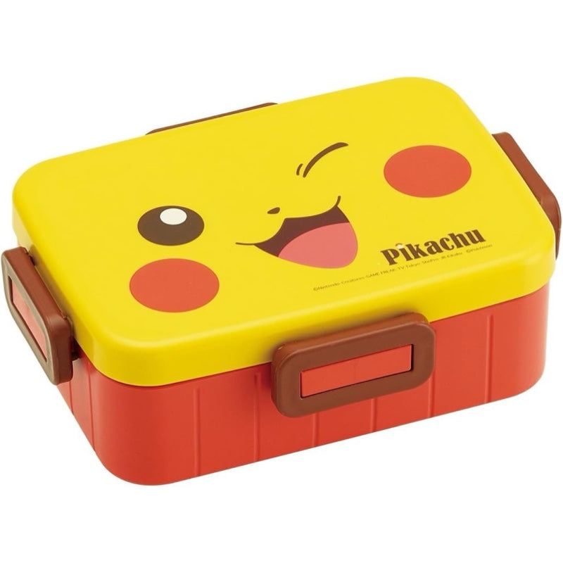 Front view of Pikachu bento box with secure locking lid and vibrant Pokémon design.