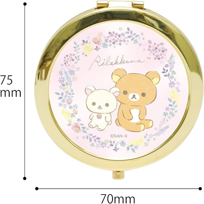 Rilakkuma compact mirror with size reference showing dimensions of 75mm x 70mm x 10mm.