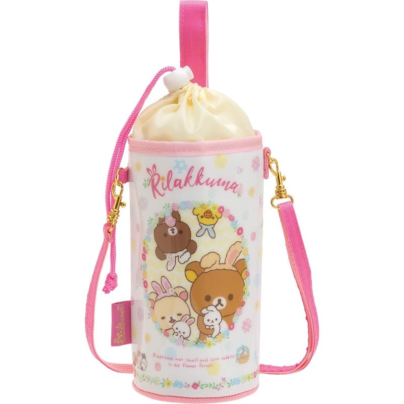 Rilakkuma insulated bottle pouch with cute bunny design, featuring a pink strap and drawstring top