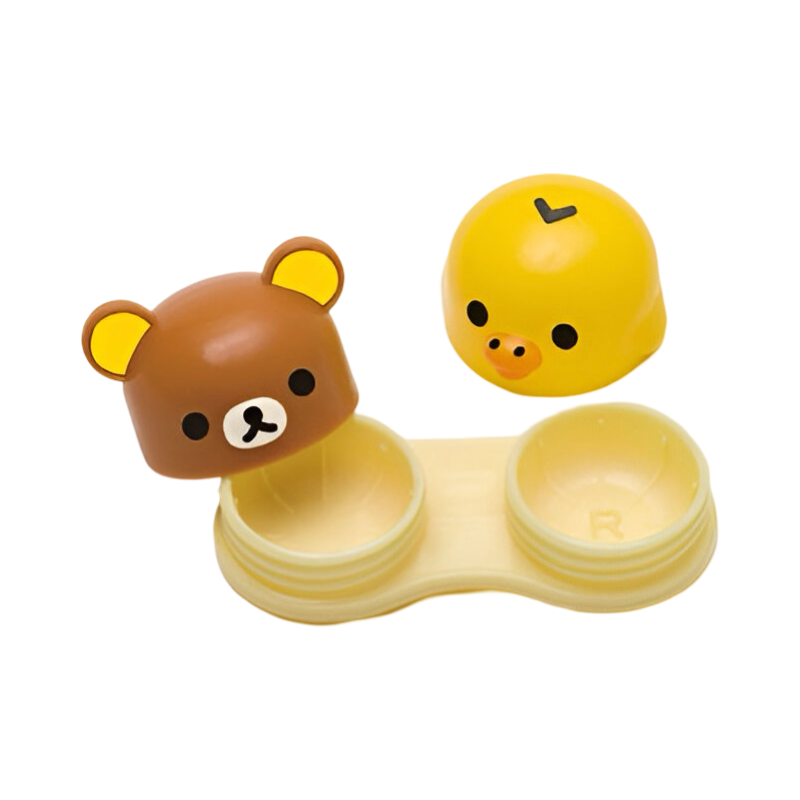 Open view of the Rilakkuma and Kiiroitori contact lens case showing labeled compartments for right and left lenses.
